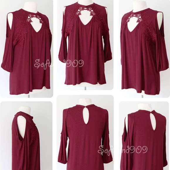 Burgundy Wine Lace Cutout Cold Shoulder Soft Top - Picture 7 of 8